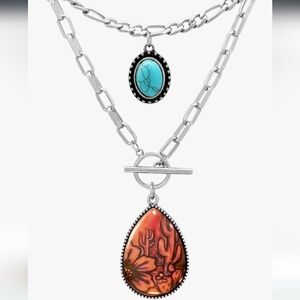 Silver Necklace with Turquoise Accent and Orange Teardrop Pendant